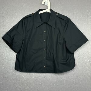Tory Burch Poplin Camp Shirt Size 12 Black Gold Button Down Snap Cropped